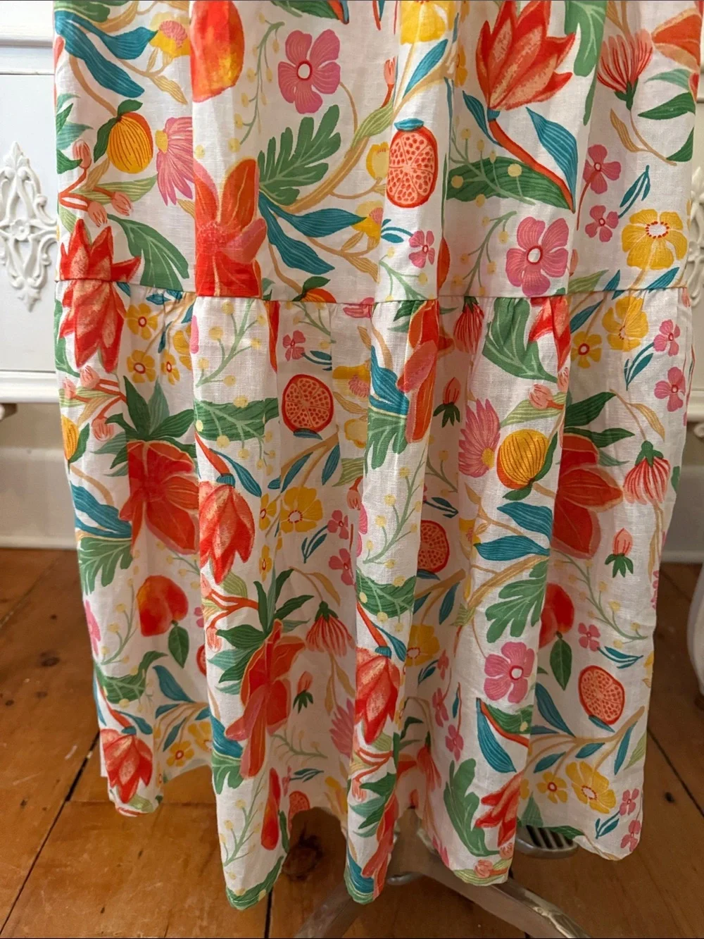 C & C California Floral and  Fruit Design  Tiered Linen Blend Maxi Skirt